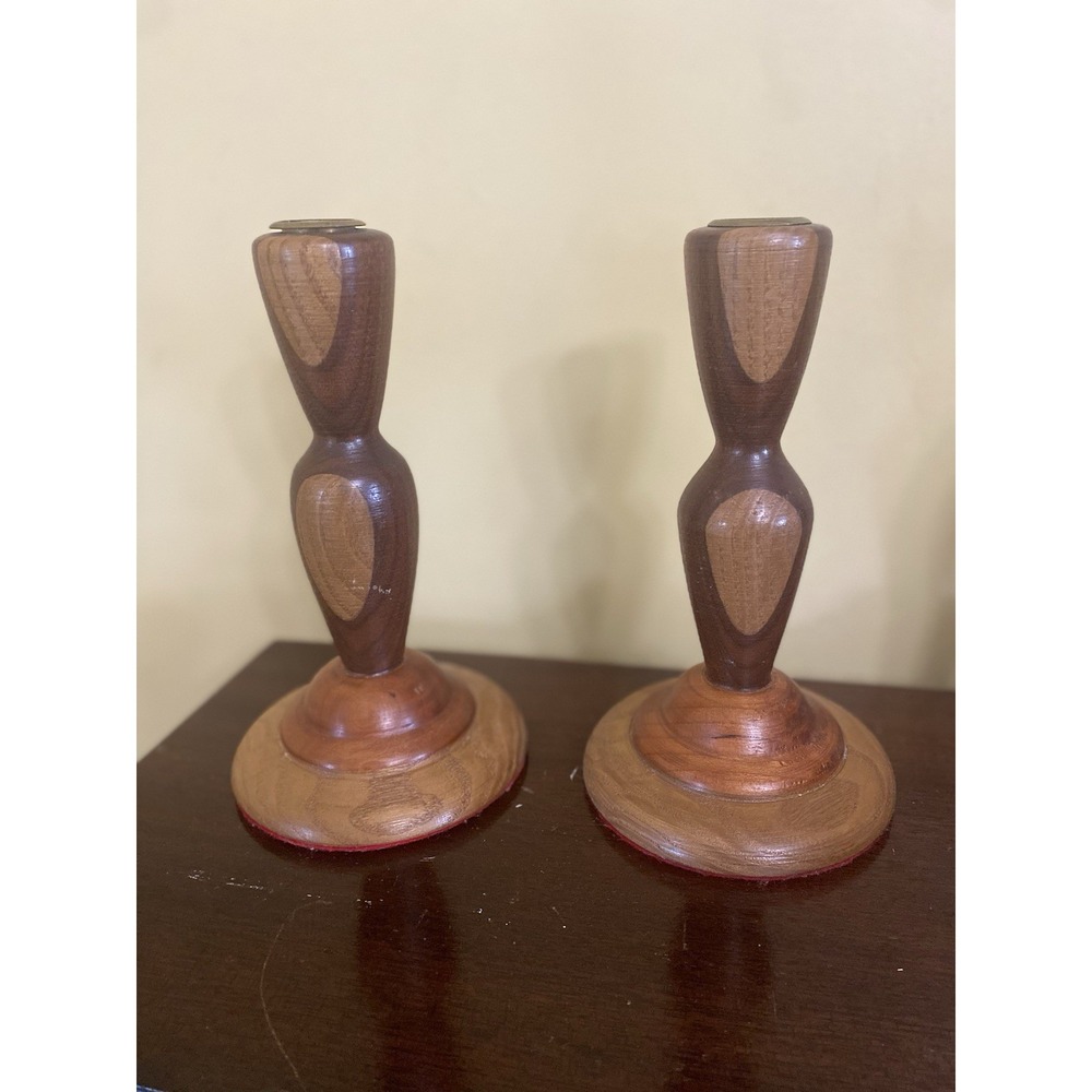 Vtg Artisan Made‎ Wood Candlestick Holders Inlaid Wood MCM Rustic